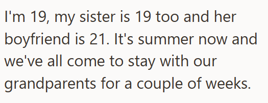 I'm 19, my sister is 19 too and her boyfriend is 21. It's summer now and we've all come to stay with our grandparents for a couple of weeks.