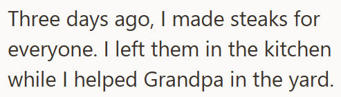 Three days ago, I made steaks for everyone. I left them in the kitchen while I helped Grandpa in the yard.