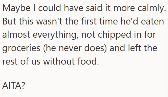 Maybe I could have said it more calmly. But this wasn't the first time he'd eaten almost everything, not chipped in for groceries (he never does) and left the rest of us without food. AITA?
