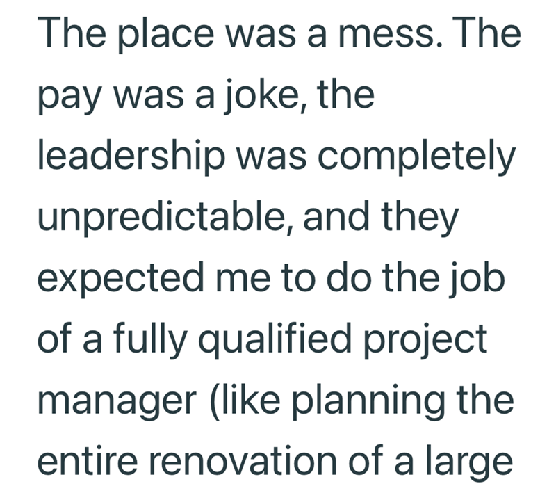 The place was a mess. The pay was a joke, the leadership was completely unpredictable, and they expected me to do the job of a fully qualified project manager (like planning the entire renovation of a large