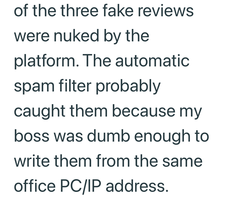 of the three fake reviews were nuked by the platform. The automatic spam filter probably caught them because my boss was dumb enough to write them from the same office PC/IP address.