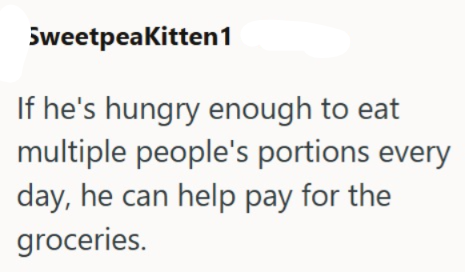 SweetpeaKitten1 If he's hungry enough to eat multiple people's portions every day, he can help pay for the groceries.