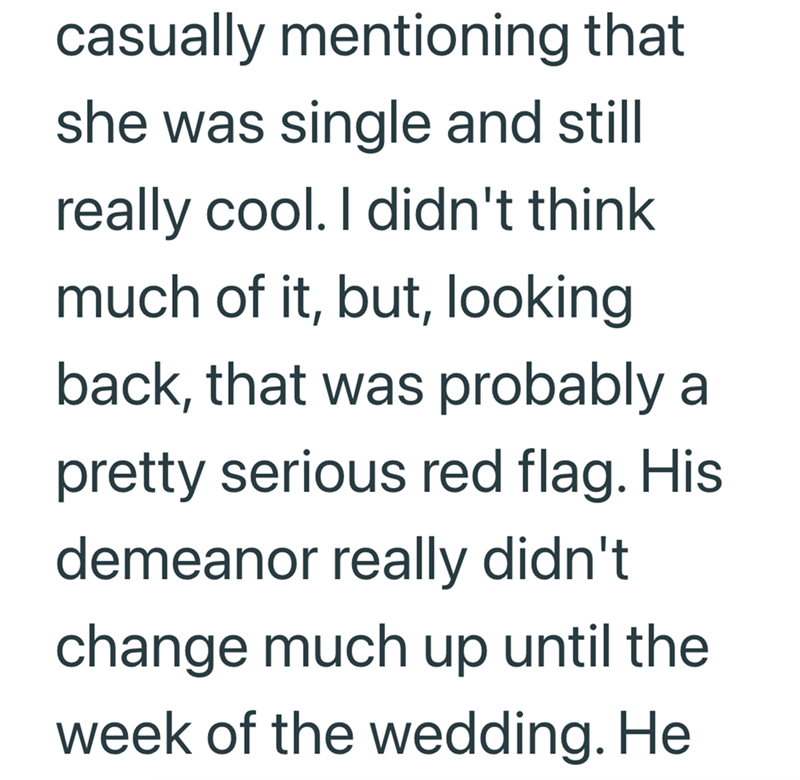 casually mentioning that she was single and still really cool. I didn't think much of it, but, looking back, that was probably a pretty serious red flag. His demeanor really didn't change much up until the week of the wedding. He