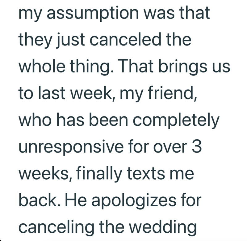 my assumption was that they just canceled the whole thing. That brings us to last week, my friend, who has been completely unresponsive for over 3 weeks, finally texts me back. He apologizes for canceling the wedding