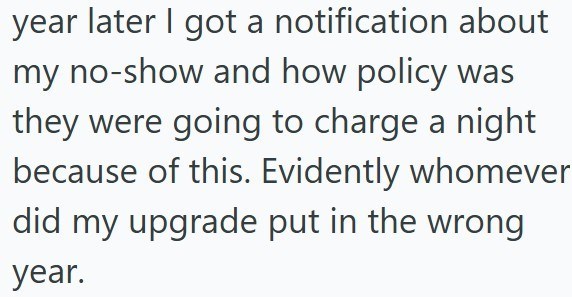 year later I got a notification about my no-show and how policy was they were going to charge a night because of this. Evidently whomever did my upgrade put in the wrong year.