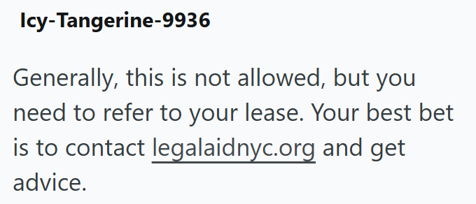 Icy-Tangerine-9936 Generally, this is not allowed, but you need to refer to your lease. Your best bet is to contact legalaidnyc.org and get advice.