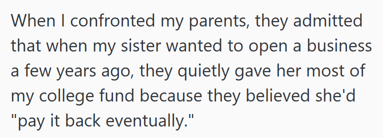 When I confronted my parents, they admitted that when my sister wanted to open a business a few years ago, they quietly gave her most of my college fund because they believed she'd "pay it back eventually."