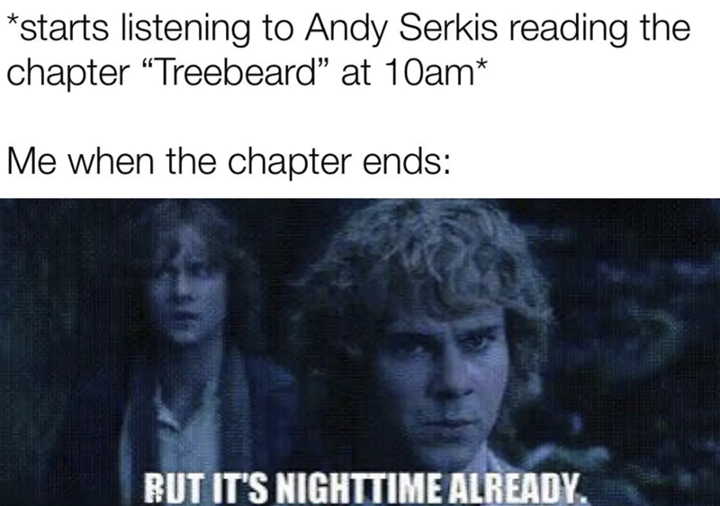 *starts listening to Andy Serkis reading the chapter "Treebeard" at 10am* Me when the chapter ends: BUT IT'S NIGHTTIME ALREADY.