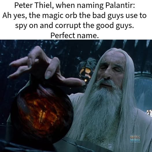 Peter Thiel, when naming Palantir: Ah yes, the magic orb the bad guys use to spy on and corrupt the good guys. Perfect name. MEMES MORIA
