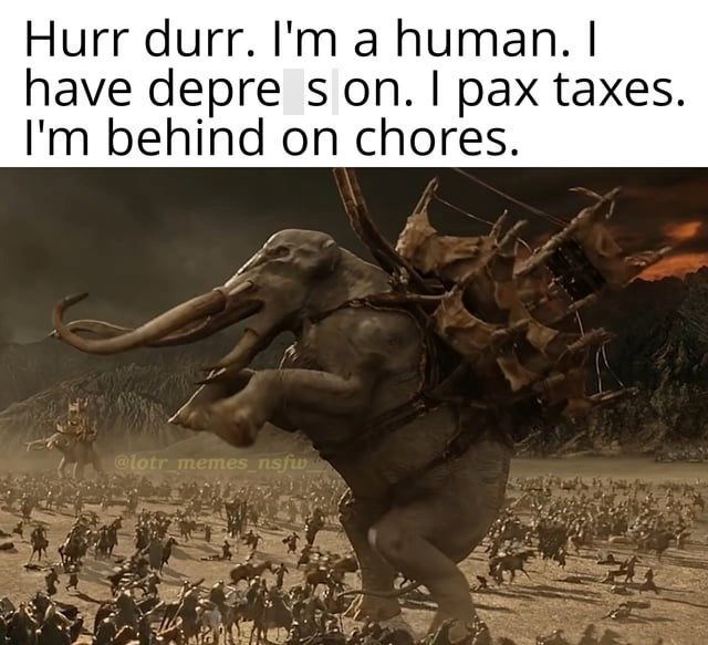 Hurr durr. I'm a human. I have depre son. I pax taxes. I'm behind on chores. @lotr_memes_nsfw