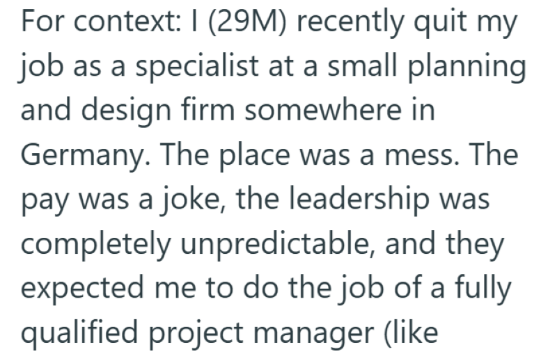 For context: I (29M) recently quit my job as a specialist at a small planning and design firm somewhere in Germany. The place was a mess. The pay was a joke, the leadership was completely unpredictable, and they expected me to do the job of a fully qualified project manager (like