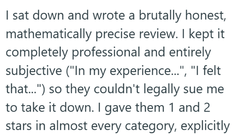 I sat down and wrote a brutally honest, mathematically precise review. I kept it completely professional and entirely subjective ("In my experience...", "I felt that...") so they couldn't legally sue me to take it down. I gave them 1 and 2 stars in almost every category, explicitly