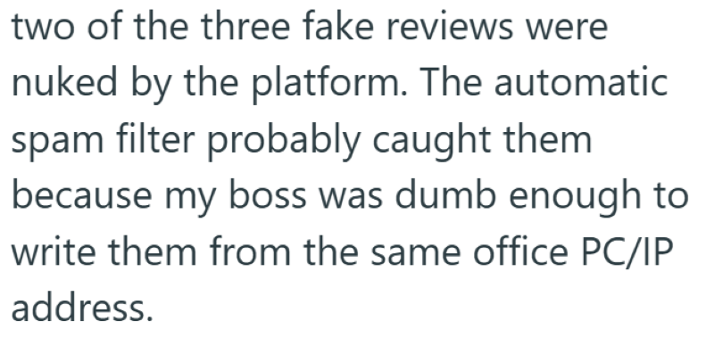 two of the three fake reviews were nuked by the platform. The automatic spam filter probably caught them. because my boss was dumb enough to write them from the same office PC/IP address.