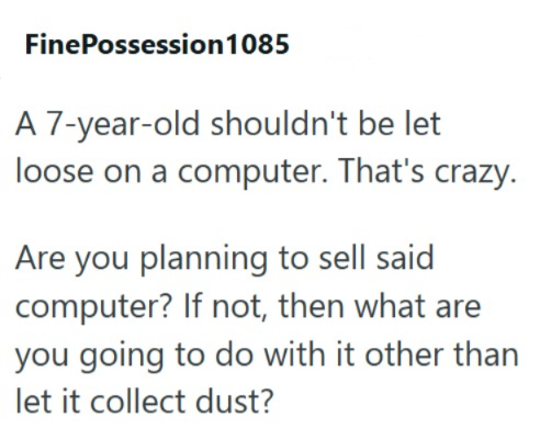 FinePossession 1085 A 7-year-old shouldn't be let loose on a computer. That's crazy. Are you planning to sell said computer? If not, then what are you going to do with it other than let it collect dust?
