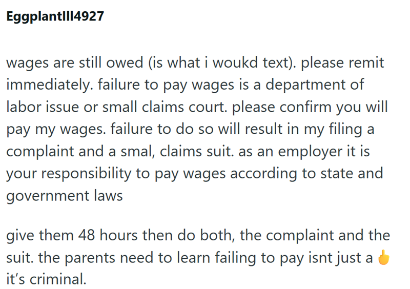 Eggplant||14927 wages are still owed (is what i woukd text). please remit immediately. failure to pay wages is a department of labor issue or small claims court. please confirm you will pay my wages. failure to do so will result in my filing a complaint and a smal, claims suit. as an employer it is your responsibility to pay wages according to state and government laws give them 48 hours then do both, the complaint and the suit. the parents need to learn failing to pay isnt just a it's criminal.