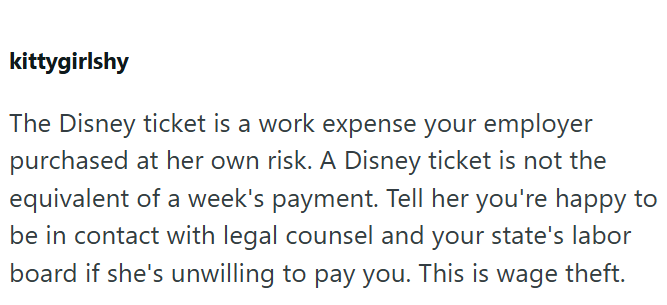 kittygirlshy The Disney ticket is a work expense your employer purchased at her own risk. A Disney ticket is not the equivalent of a week's payment. Tell her you're happy to be in contact with legal counsel and your state's labor board if she's unwilling to pay you. This is wage theft.