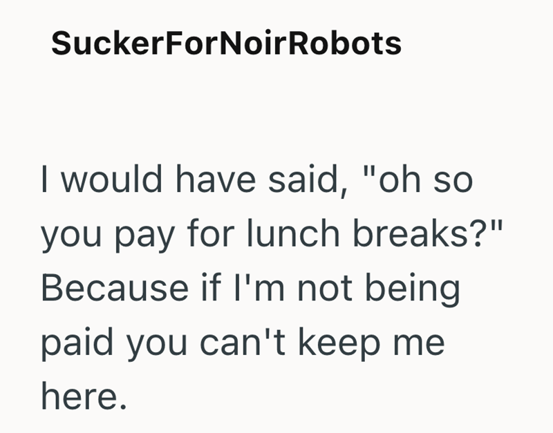 SuckerForNoir Robots I would have said, "oh so you pay for lunch breaks?" Because if I'm not being paid you can't keep me here.