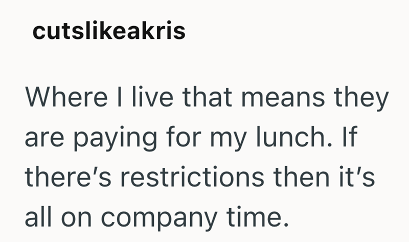 cutslikeakris Where I live that means they are paying for my lunch. If there's restrictions then it's all on company time.
