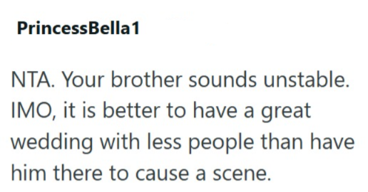 PrincessBella1 NTA. Your brother sounds unstable. IMO, it is better to have a great wedding with less people than have him there to cause a scene.
