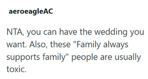 aeroeagleAC NTA, you can have the wedding you want. Also, these "Family always supports family" people are usually toxic.