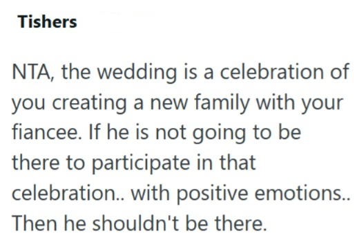 Tishers NTA, the wedding is a celebration of you creating a new family with your fiancee. If he is not going to be there to participate in that celebration.. with positive emotions.. Then he shouldn't be there.