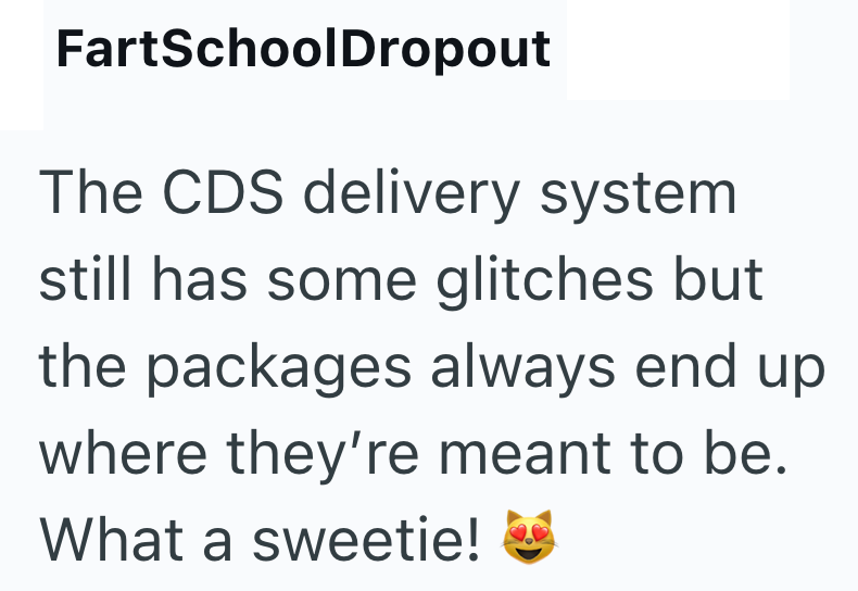 FartSchoolDropout The CDS delivery system still has some glitches but the packages always end up where they're meant to be. What a sweetie!
