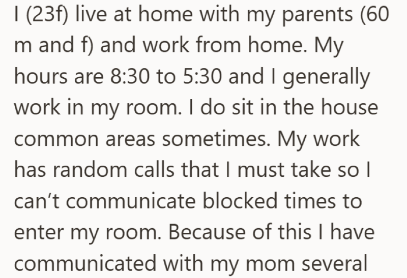 I (23f) live at home with my parents (60 Im and f) and work from home. My hours are 8:30 to 5:30 and I generally work in my room. I do sit in the house common areas sometimes. My work has random calls that I must take so I can't communicate blocked times to enter my room. Because of this I have communicated with my mom several