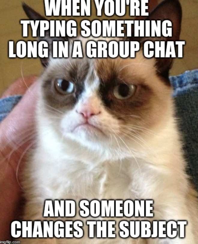 WHEN YOU'RE TYPING SOMETHING LONG IN A GROUP CHAT AND SOMEONE CHANGES THE SUBJECT mgflip.com