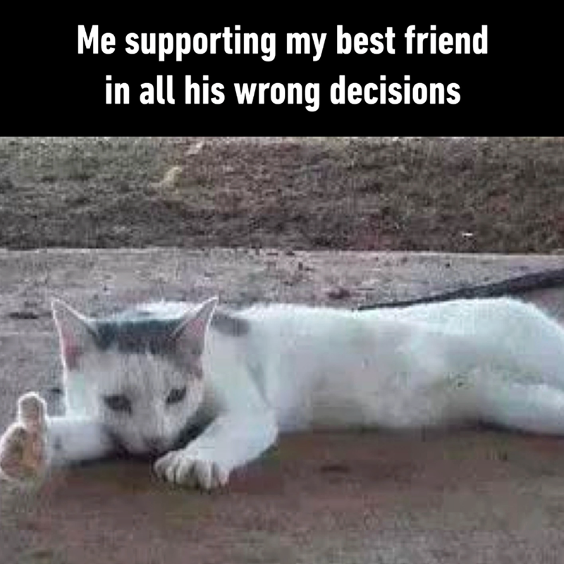 Me supporting my best friend in all his wrong decisions