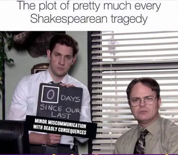 The plot of pretty much every Shakespearean tragedy ODAYS SINCE OUR LAST MINOR MISCOMMUNICATION WITH DEADLY CONSEQUENCES