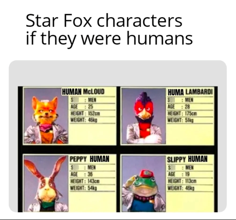 Star Fox characters if they were humans HUMAN MCLOUD S MEN AGE :25 HEIGHT: 152cm WEIGHT: 46kg HUMA LAMBARDI MEN AGE :28 HEIGHT: 175cm WEIGHT: 51kg PEPPY HUMAN SMEN AGE :36 HEIGHT: 143cm WEIGHT: 54kg SLIPPY HUMAN S MEN AGE :19 HEIGHT: 113cm WEIGHT: 45kg