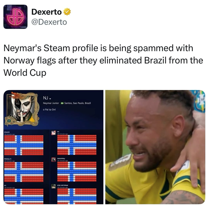 Dexerto @Dexerto Neymar's Steam profile is being spammed with Norway flags after they eliminated Brazil from the World Cup Alwock NJ Neymar Junior Santos, Sao Paulo, Brazil o Pai ta On! Nikolay D MelokWay