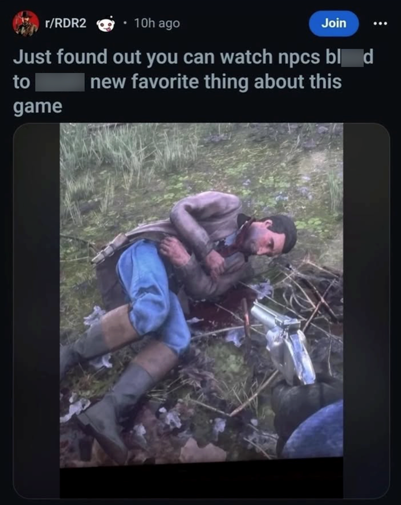 r/RDR2 10h ago Join Just found out you can watch npcs blod new favorite thing about this to game