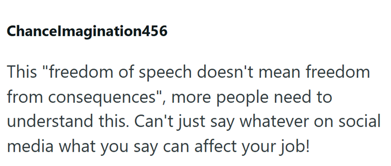 Chancelmagination456 This "freedom of speech doesn't mean freedom from consequences", more people need to understand this. Can't just say whatever on social media what you say can affect your job!
