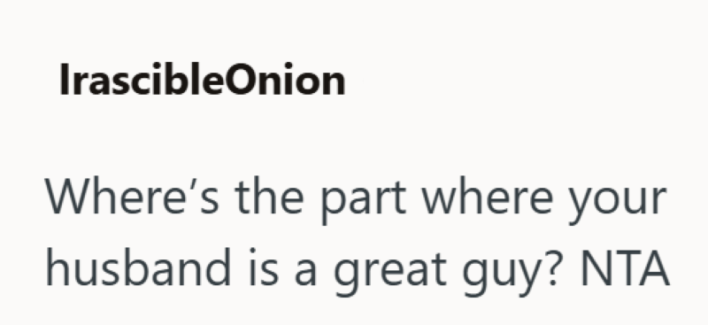 IrascibleOnion Where's the part where your husband is a great guy? NTA
