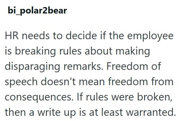 bi_polar2bear HR needs to decide if the employee is breaking rules about making disparaging remarks. Freedom of speech doesn't mean freedom from consequences. If rules were broken, then a write up is at least warranted.