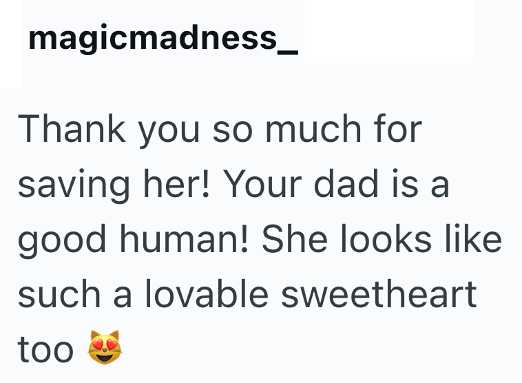 magicmadness_ Thank you so much for saving her! Your dad is a good human! She looks like such a lovable sweetheart too