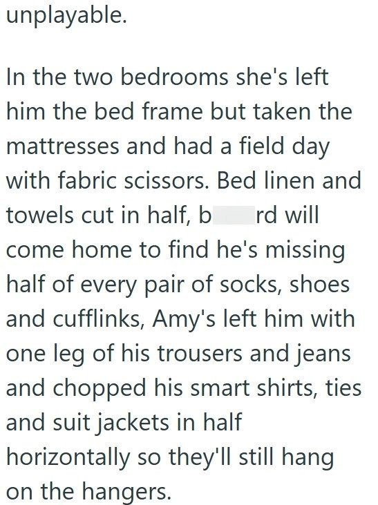 unplayable. In the two bedrooms she's left him the bed frame but taken the mattresses and had a field day with fabric scissors. Bed linen and towels cut in half, b rd will come home to find he's missing half of every pair of socks, shoes and cufflinks, Amy's left him with one leg of his trousers and jeans and chopped his smart shirts, ties and suit jackets in half horizontally so they'll still hang on the hangers.