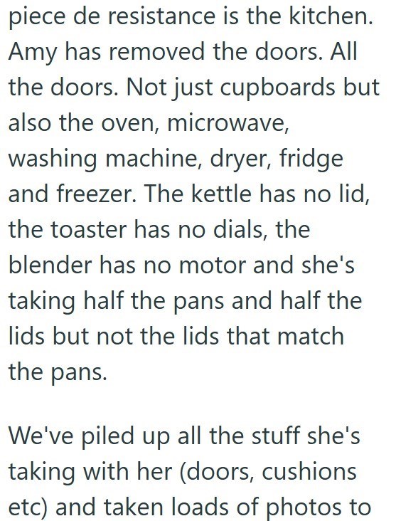piece de resistance is the kitchen. Amy has removed the doors. All the doors. Not just cupboards but also the oven, microwave, washing machine, dryer, fridge and freezer. The kettle has no lid, the toaster has no dials, the blender has no motor and she's taking half the pans and half the lids but not the lids that match the pans. We've piled up all the stuff she's taking with her (doors, cushions etc) and taken loads of photos to
