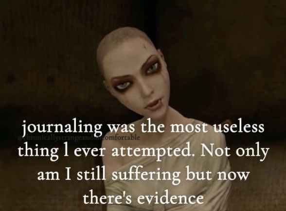 journaling was the most useless rangeandomfortable thing 1 ever attempted. Not only am I still suffering but now there's evidence