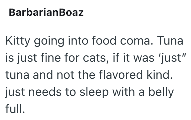 BarbarianBoaz Kitty going into food coma. Tuna is just fine for cats, if it was 'just" tuna and not the flavored kind. just needs to sleep with a belly full.