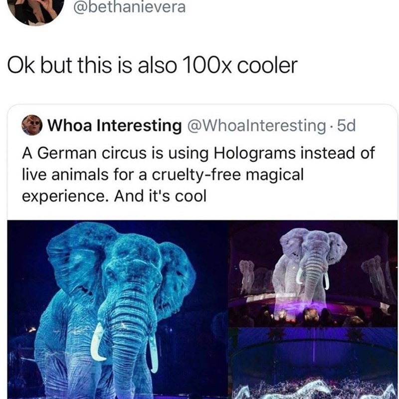@bethanievera Ok but this is also 100x cooler Whoa Interesting @Whoalnteresting. 5d A German circus is using Holograms instead of live animals for a cruelty-free magical experience. And it's cool