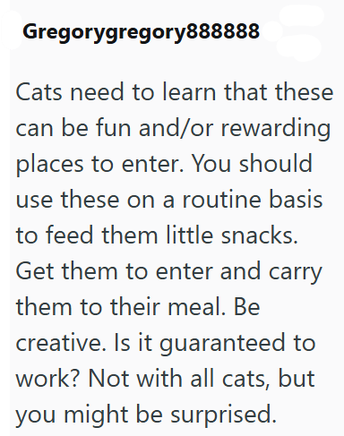 Gregorygregory888888 Cats need to learn that these can be fun and/or rewarding places to enter. You should use these on a routine basis to feed them little snacks. Get them to enter and carry them to their meal. Be creative. Is it guaranteed to work? Not with all cats, but you might be surprised.