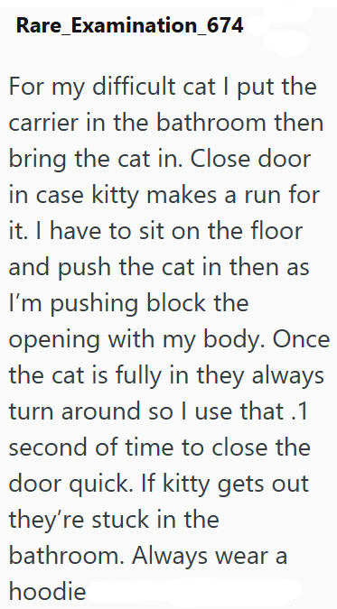 Rare Examination_674 For my difficult cat I put the carrier in the bathroom then bring the cat in. Close door in case kitty makes a run for it. I have to sit on the floor and push the cat in then as I'm pushing block the opening with my body. Once the cat is fully in they always turn around so I use that .1 second of time to close the door quick. If kitty gets out they're stuck in the bathroom. Always wear a hoodie