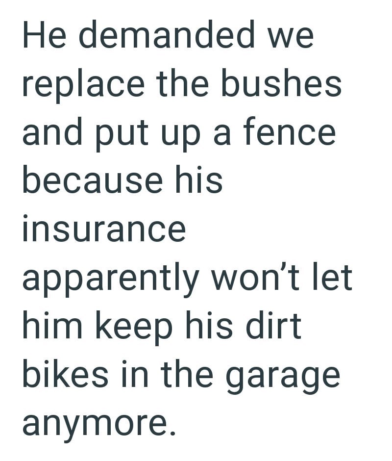 He demanded we replace the bushes and put up a fence because his insurance apparently won't let him keep his dirt bikes in the garage anymore.