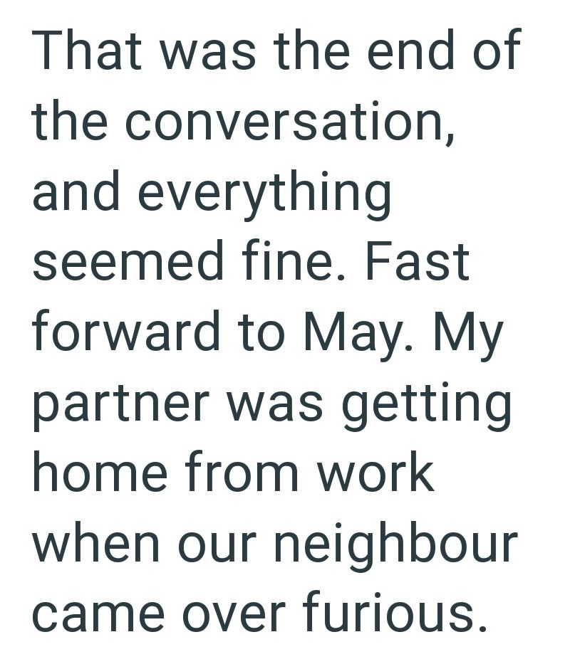 That was the end of the conversation, and everything seemed fine. Fast forward to May. My partner was getting home from work when our neighbour came over furious.