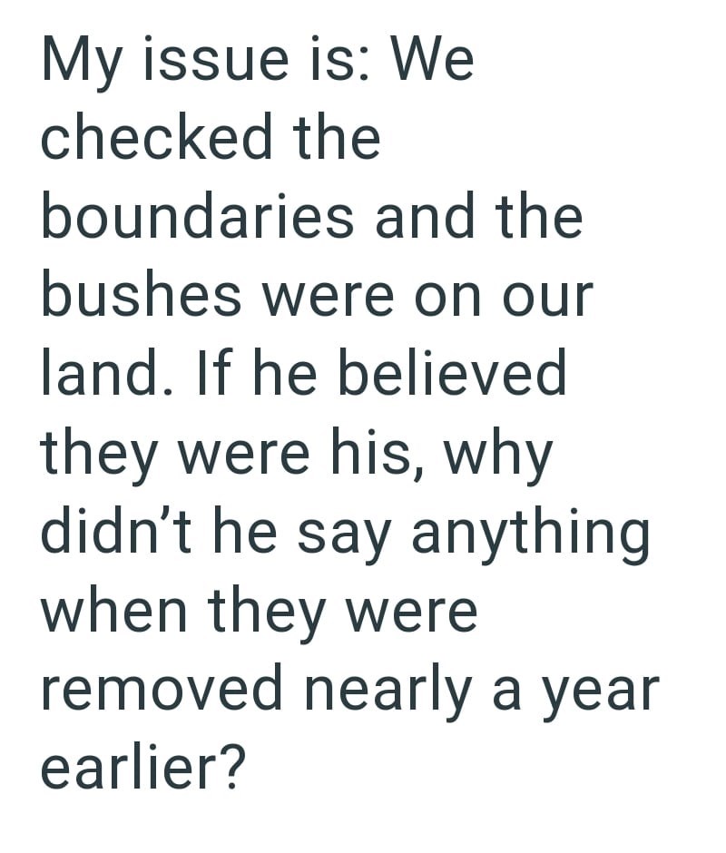 My issue is: We checked the boundaries and the bushes were on our land. If he believed they were his, why didn't he say anything when they were removed nearly a year earlier?