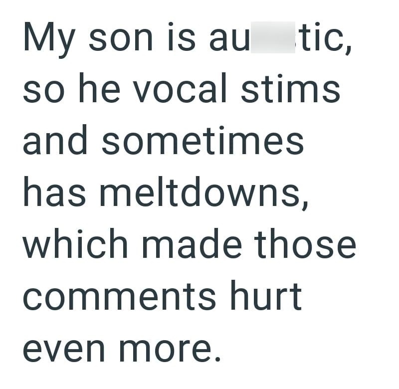 My son is au tic, so he vocal stims and sometimes has meltdowns, which made those comments hurt even more.