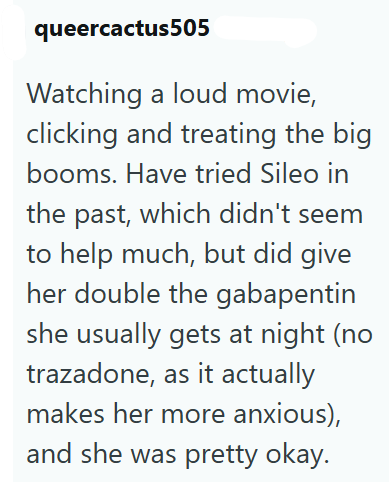 queercactus505 Watching a loud movie, clicking and treating the big booms. Have tried Sileo in the past, which didn't seem to help much, but did give her double the gabapentin she usually gets at night (no trazadone, as it actually makes her more anxious), and she was pretty okay.