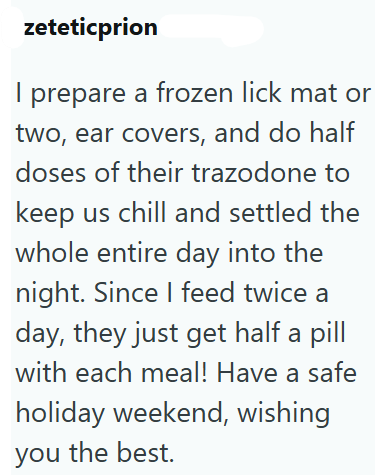 zeteticprion I prepare a frozen lick mat or two, ear covers, and do half doses of their trazodone to keep us chill and settled the whole entire day into the night. Since I feed twice a day, they just get half a pill with each meal! Have a safe holiday weekend, wishing you the best.